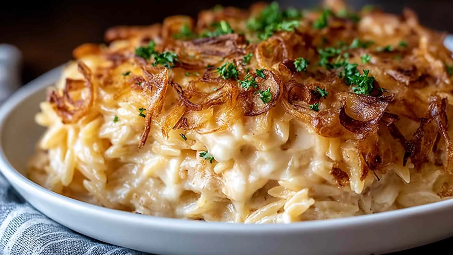 French Onion Chicken Orzo Casserole