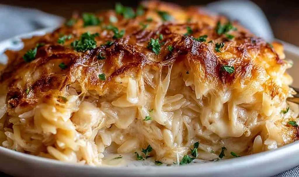 French onion chicken orzo casserole bubbling in a skillet with golden melted cheese