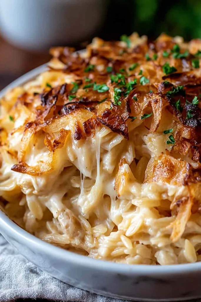 French onion chicken orzo casserole bubbling in a skillet with golden melted cheese