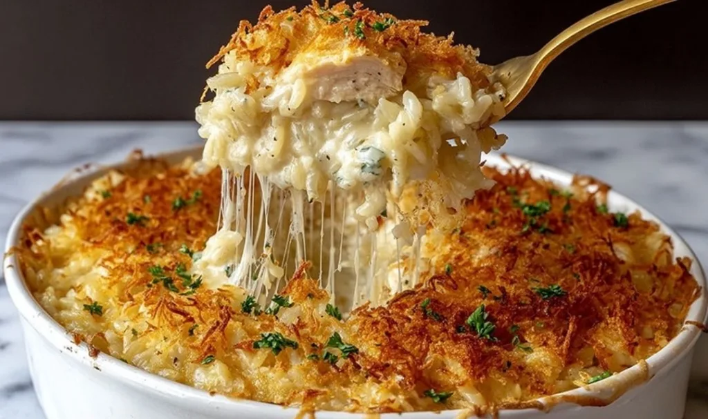 A baking dish filled with bubbling French Onion Chicken Rice Bake topped with golden fried onions and melted cheese.