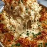A baking dish filled with bubbling French Onion Chicken Rice Bake topped with golden fried onions and melted cheese.