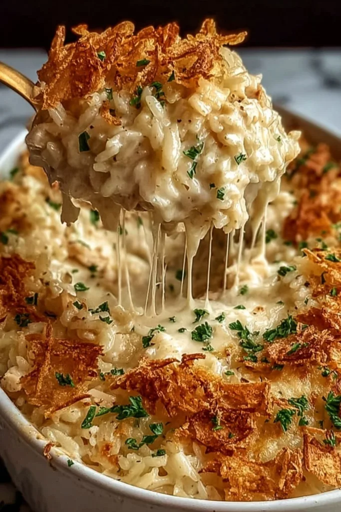 A baking dish filled with bubbling French Onion Chicken Rice Bake topped with golden fried onions and melted cheese.