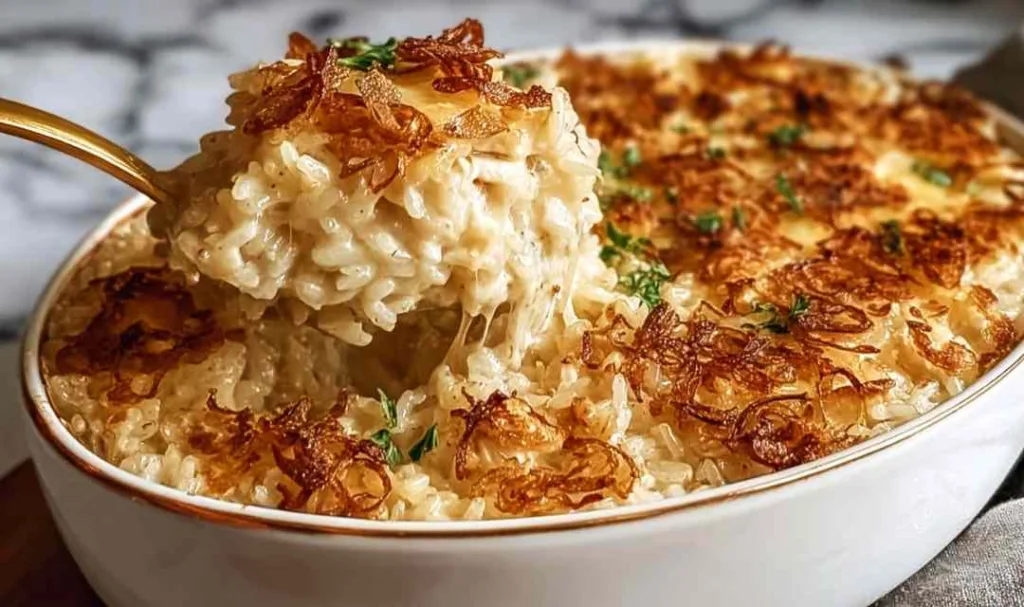 French Onion Chicken Rice Bake in a baking dish