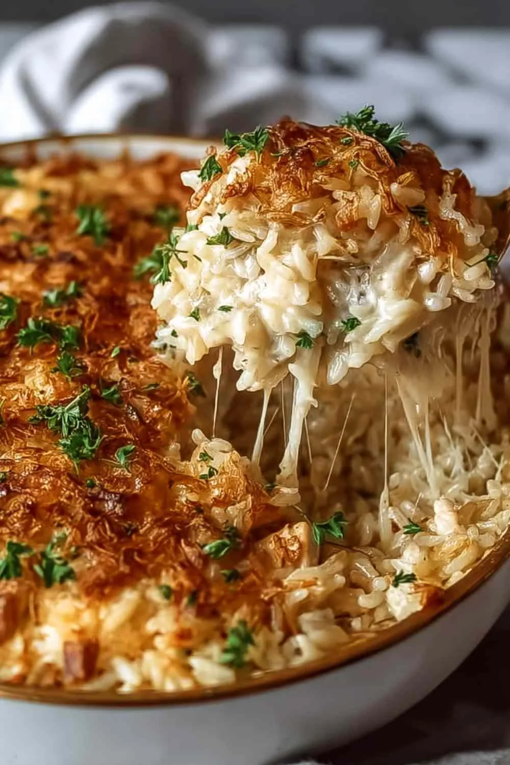 French Onion Chicken Rice Bake in a baking dish