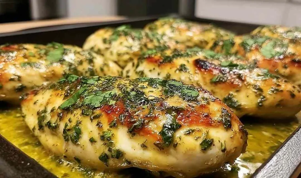 Raw chicken breasts seasoned in a baking dish