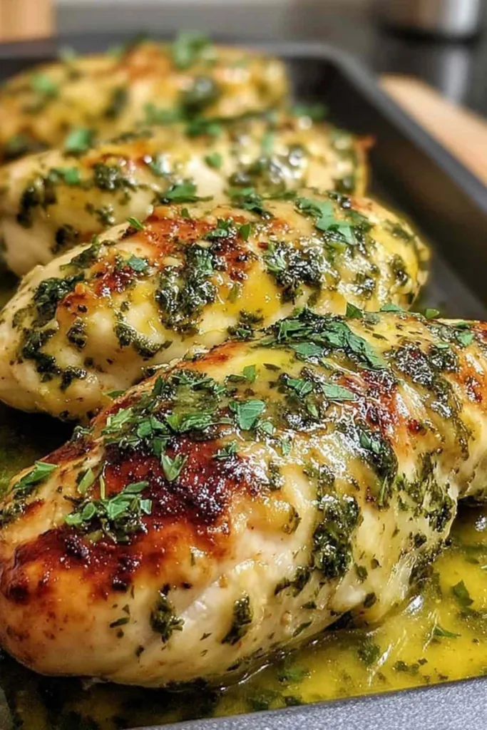Raw chicken breasts seasoned in a baking dish
