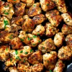 Golden Garlic Butter Chicken Bites in a cast iron skillet