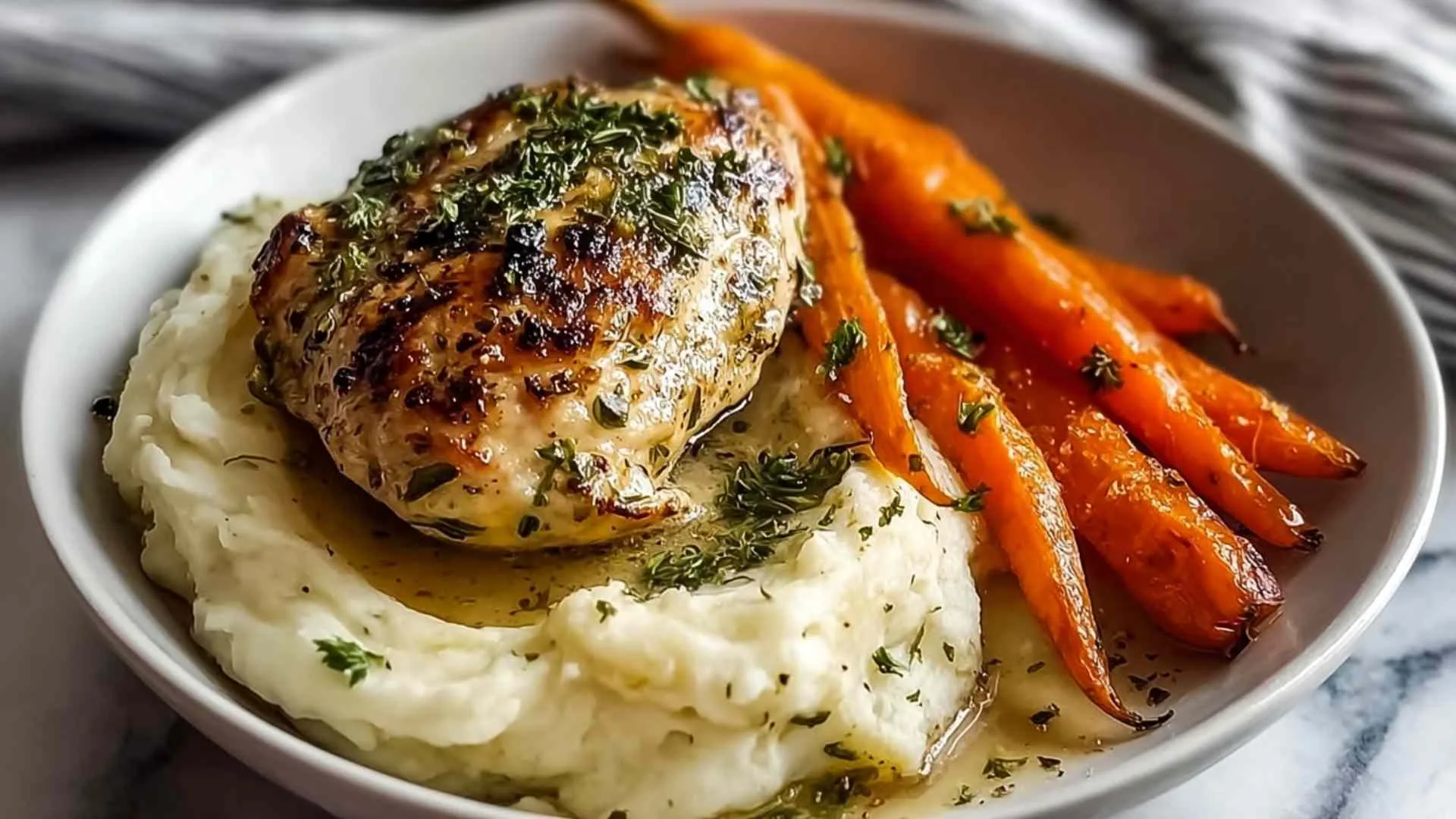 Garlic Herb Chicken with Creamy Mash & Roasted Carrots