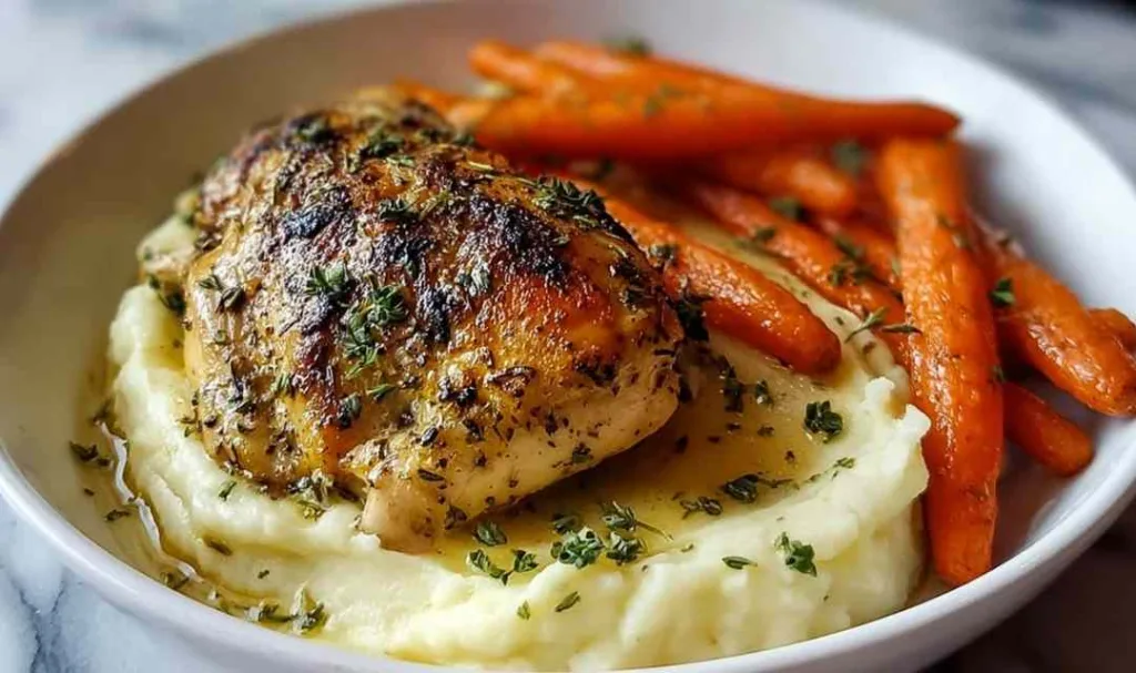 Plate of Garlic Herb Chicken with Creamy Mash & Roasted Carrots garnished with parsley.