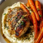 Plate of Garlic Herb Chicken with Creamy Mash & Roasted Carrots garnished with parsley.