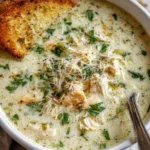 Garlic Parmesan Chicken Soup simmering in a Dutch oven on the stove