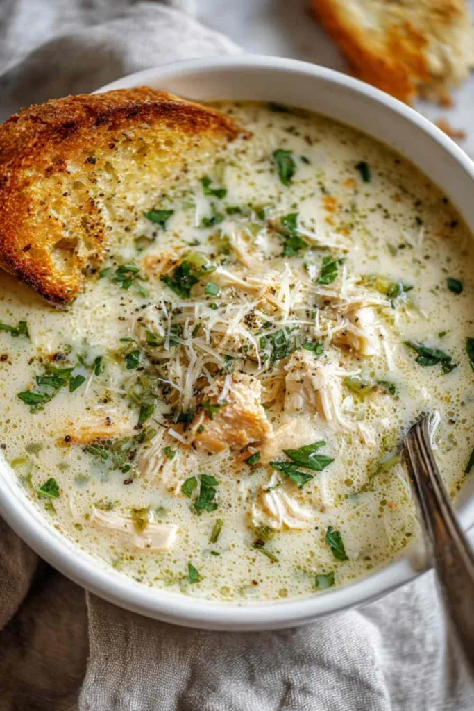 Garlic Parmesan Chicken Soup simmering in a Dutch oven on the stove