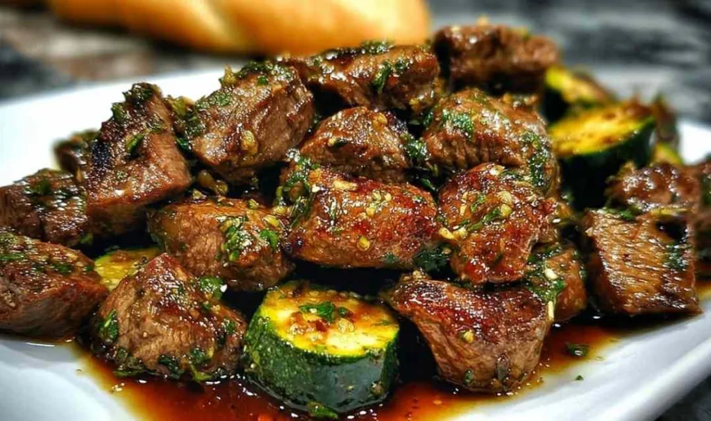 garlic butter steak bites with zucchini in cast iron skillet