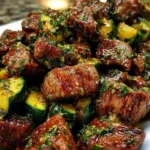 garlic butter steak bites with zucchini in cast iron skillet