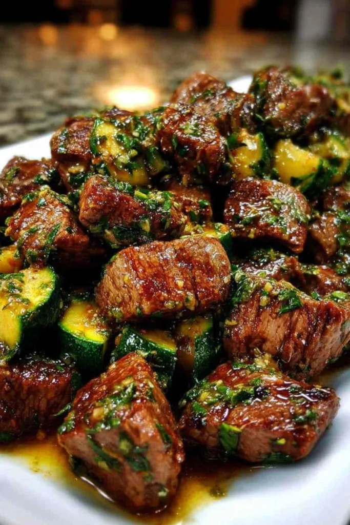 garlic butter steak bites with zucchini in cast iron skillet