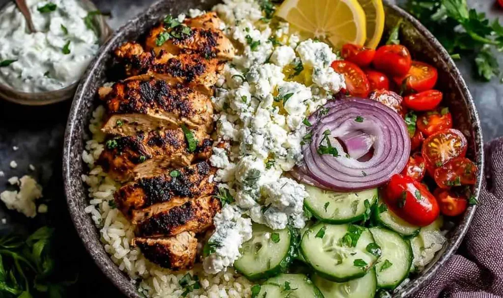 Greek Chicken Bowls with tzatziki sauce on a white table