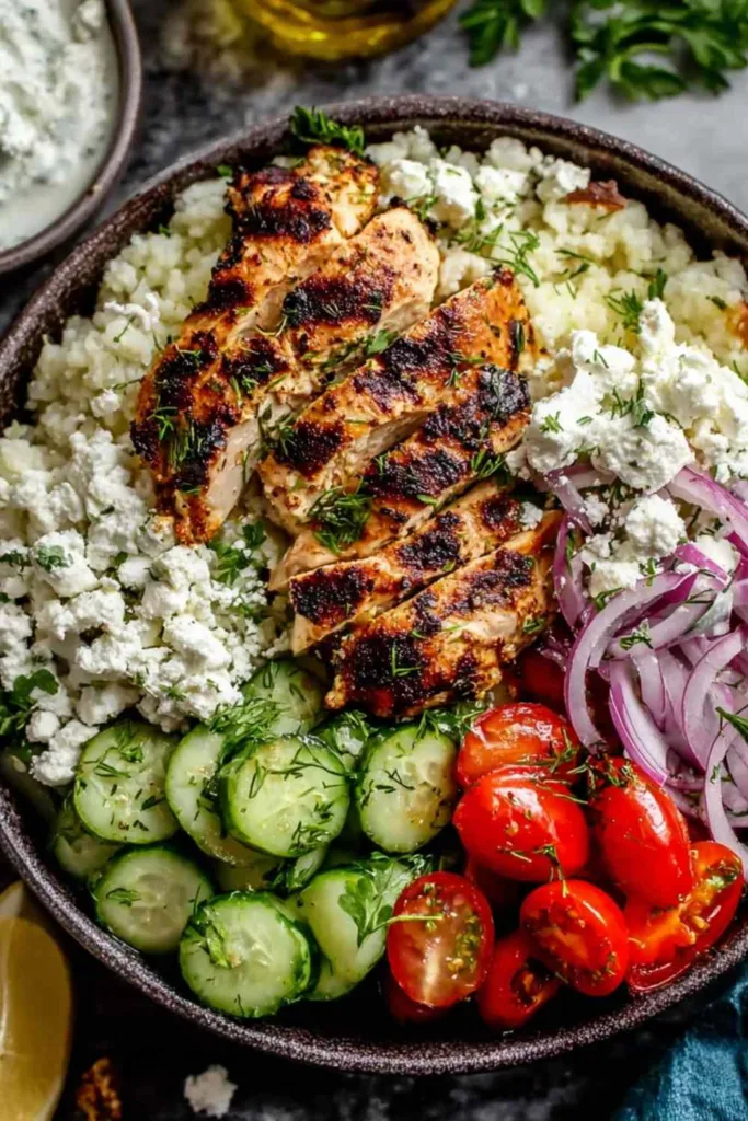 Greek Chicken Bowls with tzatziki sauce on a white table