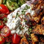 Greek Chicken Gyro Bowls with tzatziki sauce and feta cheese in white bowls.
