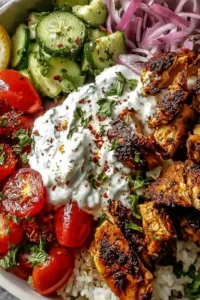 Greek Chicken Gyro Bowls with tzatziki sauce and feta cheese in white bowls.