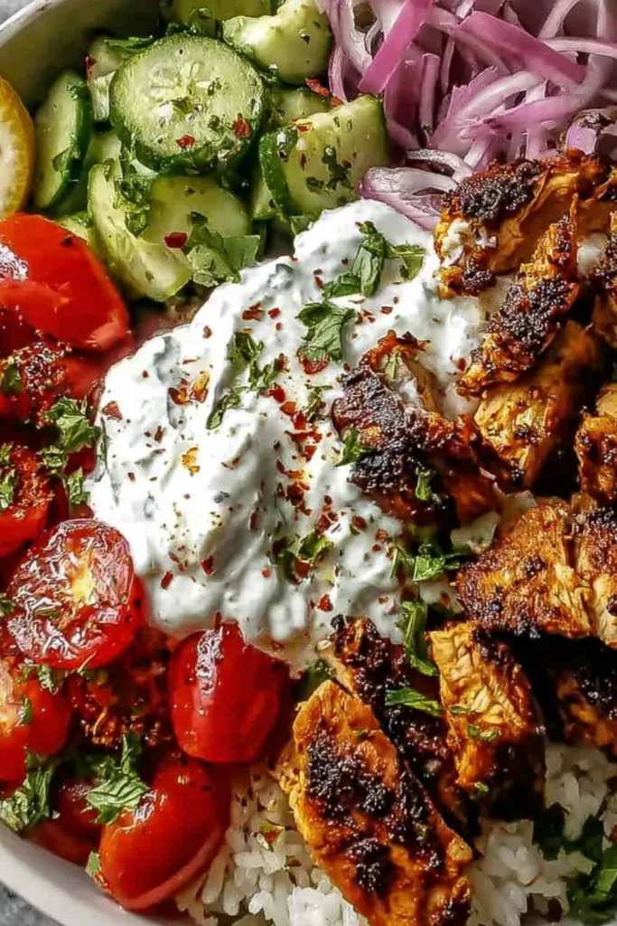 Greek Chicken Gyro Bowls with tzatziki sauce and feta cheese in white bowls.