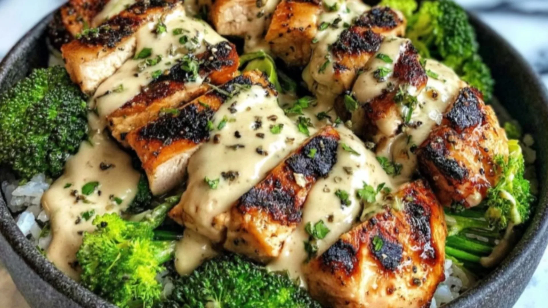 Grilled Chicken and Broccoli Bowls with Creamy Garlic Sauce