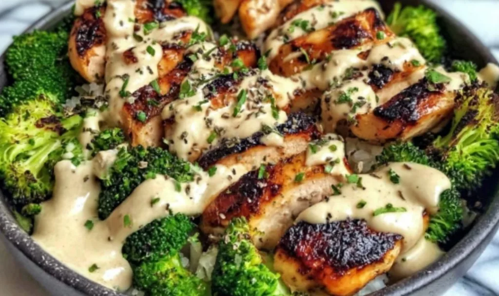 Grilled Chicken and Broccoli Bowls with Creamy Garlic Sauce on a wooden table