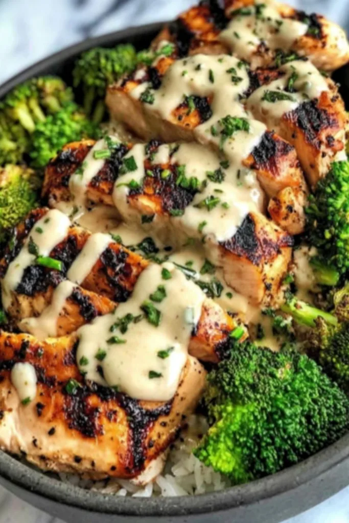 Grilled Chicken and Broccoli Bowls with Creamy Garlic Sauce on a wooden table