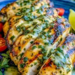 Grilled Salsa Verde Pepper Jack Chicken on a platter with melted cheese