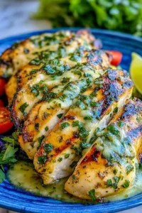 Grilled Salsa Verde Pepper Jack Chicken on a platter with melted cheese