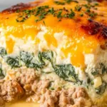 High Protein Ground Turkey Casserole in a baking dish ready for the oven