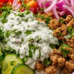 ground turkey bowls with rice cucumber tomatoes and yogurt sauce