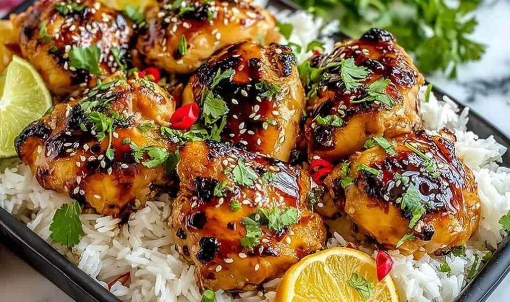 Hawaiian Chicken with Coconut Rice garnished with green onions and sesame seeds