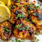 Hawaiian Chicken with Coconut Rice garnished with green onions and sesame seeds