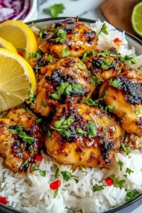 Hawaiian Chicken with Coconut Rice garnished with green onions and sesame seeds