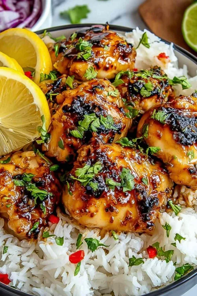 Hawaiian Chicken with Coconut Rice garnished with green onions and sesame seeds