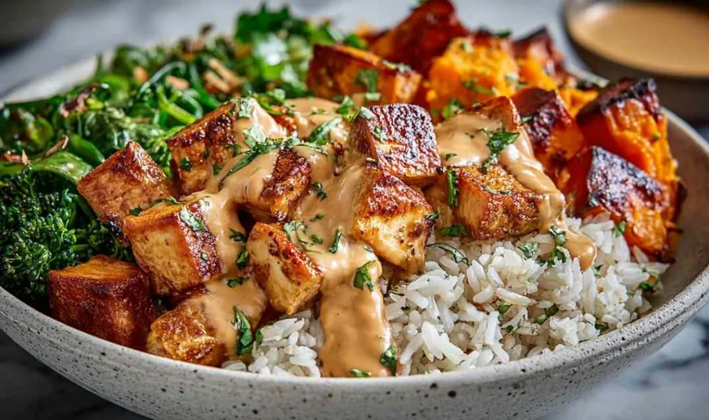 Healthy chicken sweet potato bowls topped with creamy spiced sauce and fresh cilantro