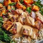 Healthy chicken sweet potato bowls topped with creamy spiced sauce and fresh cilantro