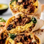 High Protein Breakfast Burrito cut in half showing egg and bean filling.