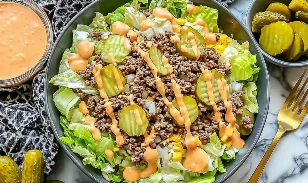 High Protein Cheeseburger Bowl with beef and cheese in a white bowl