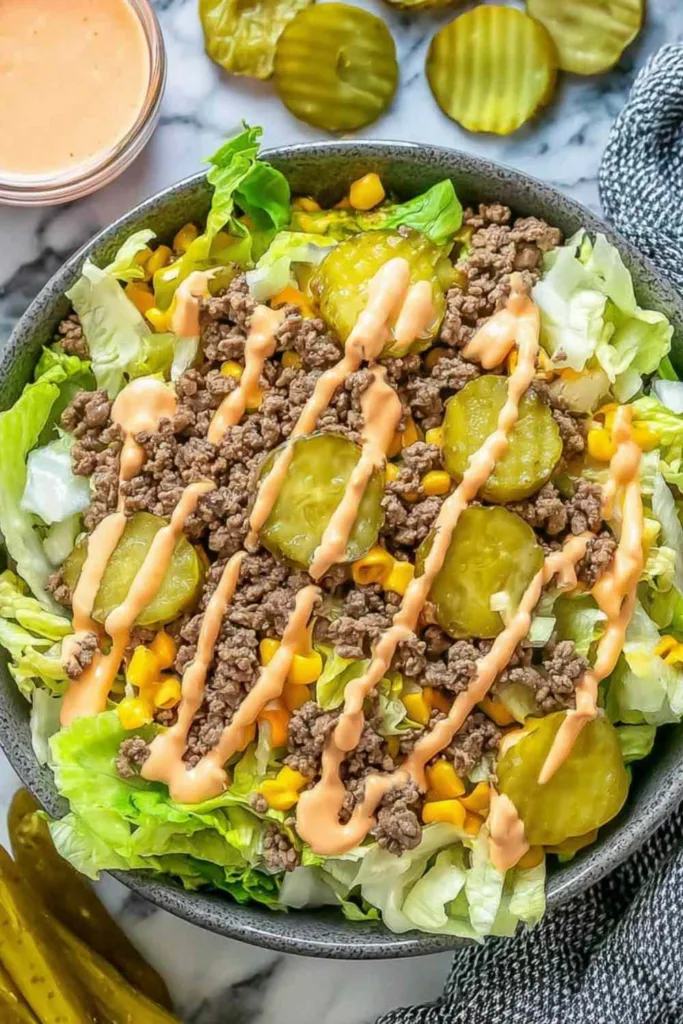 High Protein Cheeseburger Bowl with beef and cheese in a white bowl