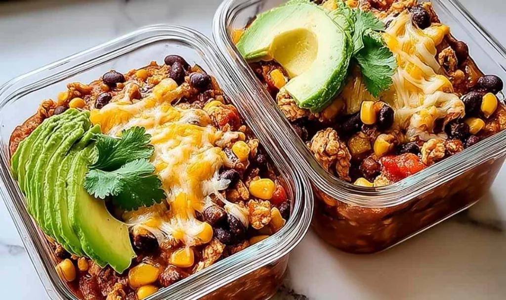 High-Protein Chicken Cottage Cheese Enchilada Bowls in a white bowl