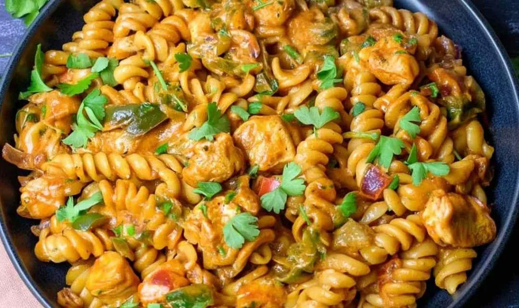 High Protein Chicken Fajita Pasta in a skillet with fresh parsley.