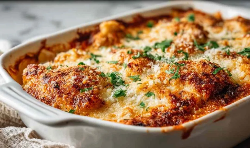 High protein chicken parmesan casserole in a baking dish with golden breadcrumb topping