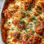 High protein chicken parmesan casserole in a baking dish with golden breadcrumb topping