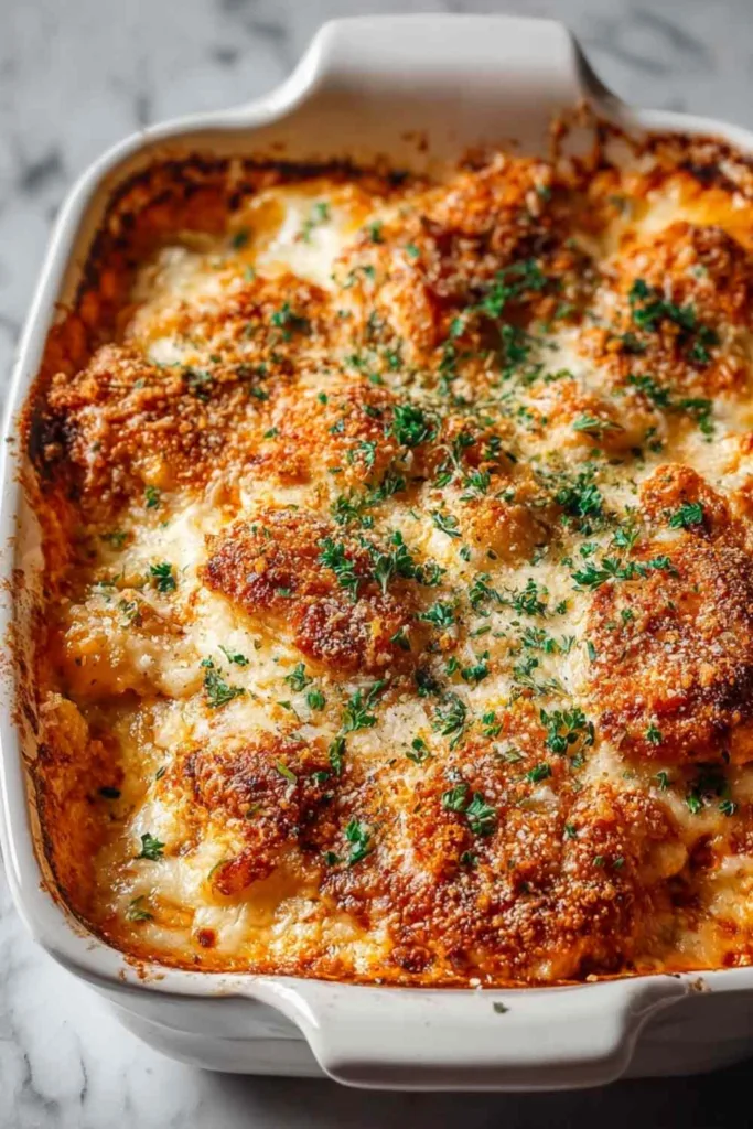 High protein chicken parmesan casserole in a baking dish with golden breadcrumb topping