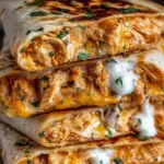 High Protein Chicken Ranch Quesadilla sliced into wedges on a wooden board showing melted cheese and crispy tortilla.