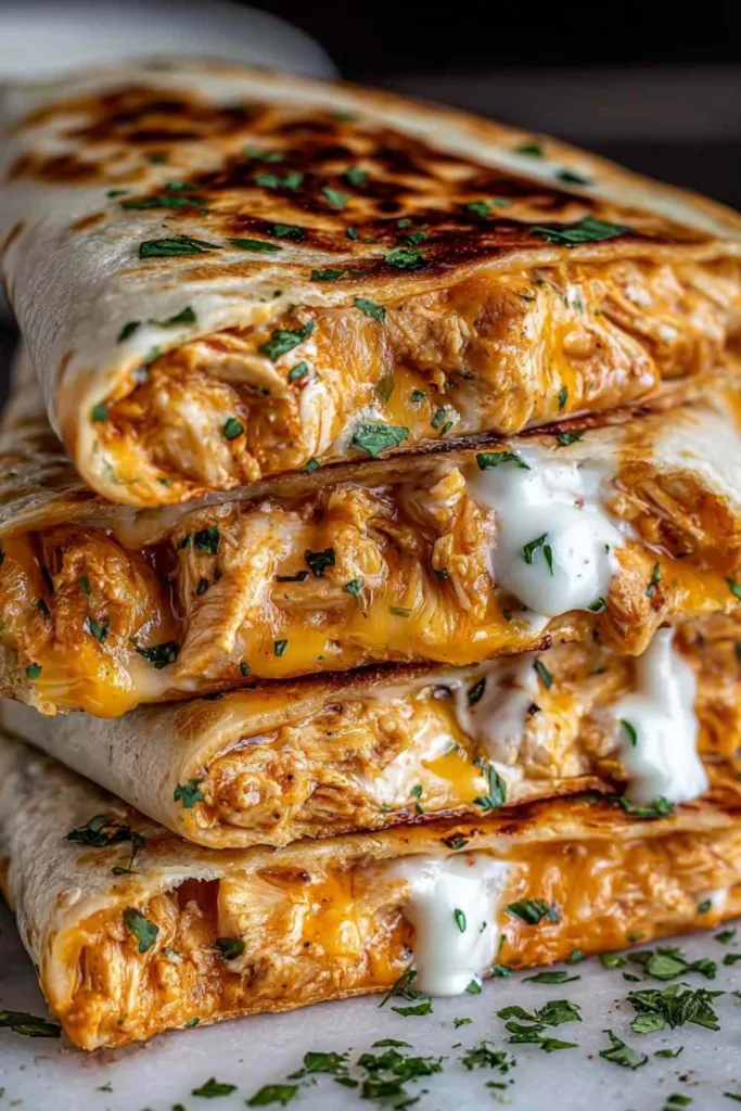 High Protein Chicken Ranch Quesadilla sliced into wedges on a wooden board showing melted cheese and crispy tortilla.
