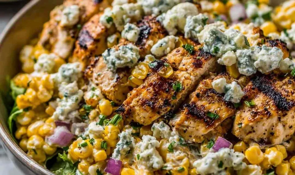 High Protein Chicken Street Corn Salad in a bowl with grilled chicken and fresh vegetables.