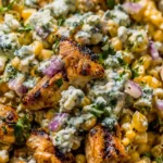 High Protein Chicken Street Corn Salad in a bowl with grilled chicken and fresh vegetables.