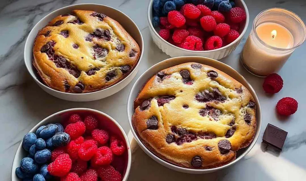 High Protein Pancake Bowl with fresh berries in a glass ramekin on a marble counter.